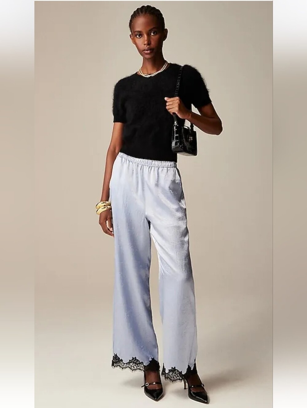 J. Crew Light Blue Satin Wide-Leg Pants with Black Lace Trim